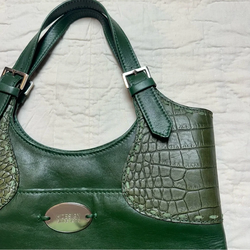 Hidesign Leather Shoulder Bag | Emerald Green Croc Embossed Y2K Purse
